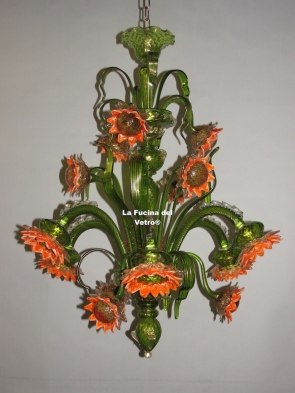 "GIRASOLI" Lampadario floreale in vetro di Murano 